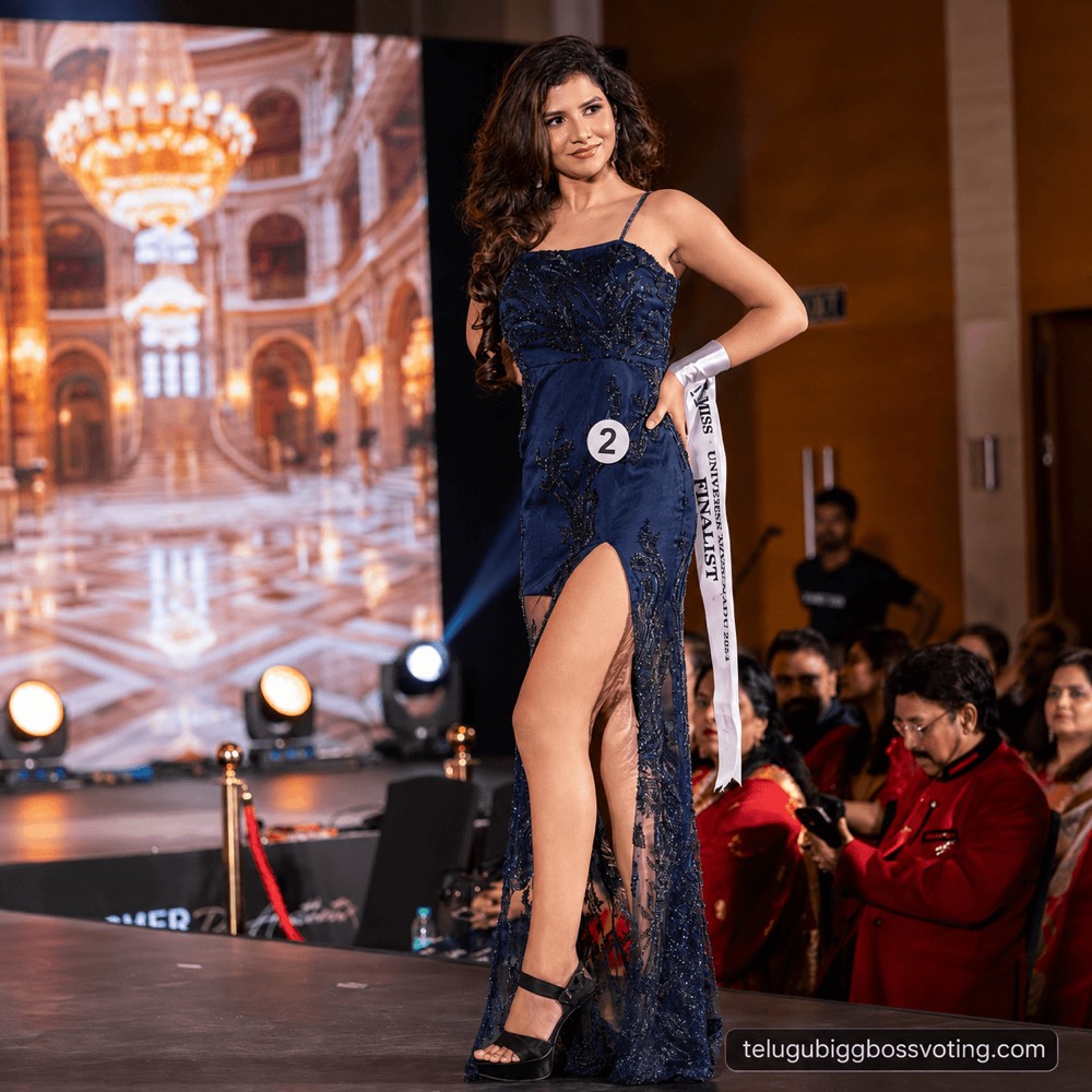 Illustrated portrait of Apoorva mid-runway in a navy embellished gown with a finalist sash and contestant number 2