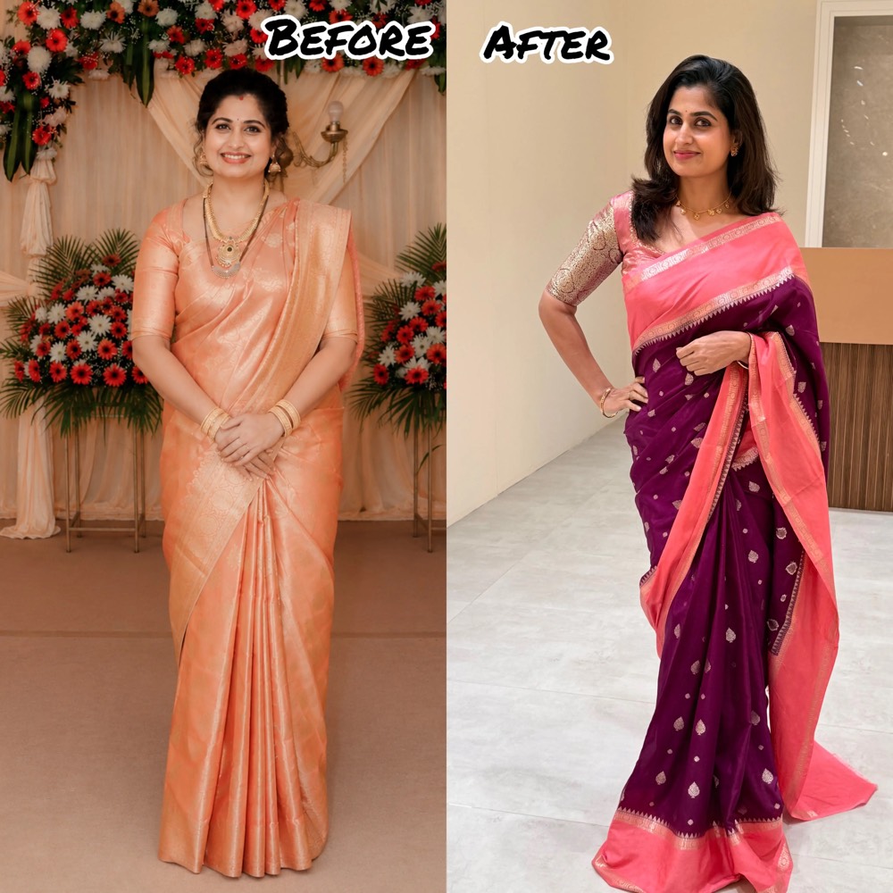 Two photographs of Chaithra Rai side by side, labelled Before and After, in a peach saree and a purple one