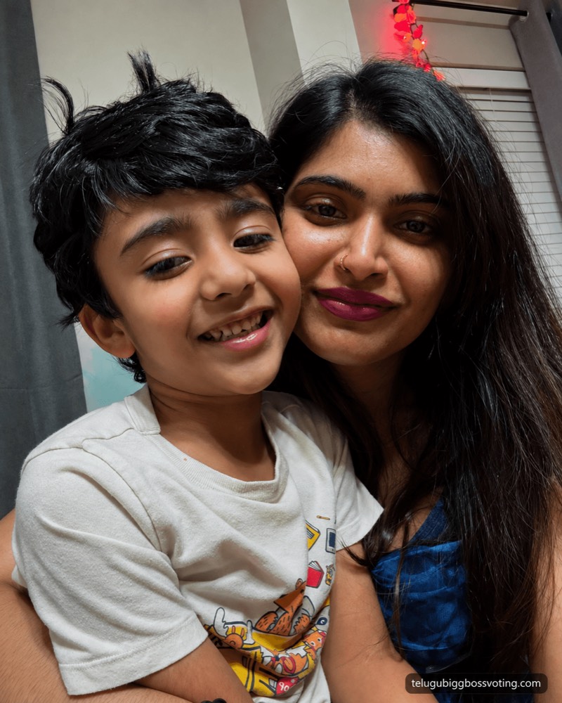 Illustrated selfie of Gayathri Vardhan cheek to cheek with a smiling young boy