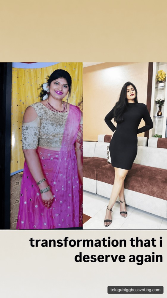 Illustrated two-panel before-and-after of Gayathri Vardhan's transformation, from a pink lehenga to a black dress