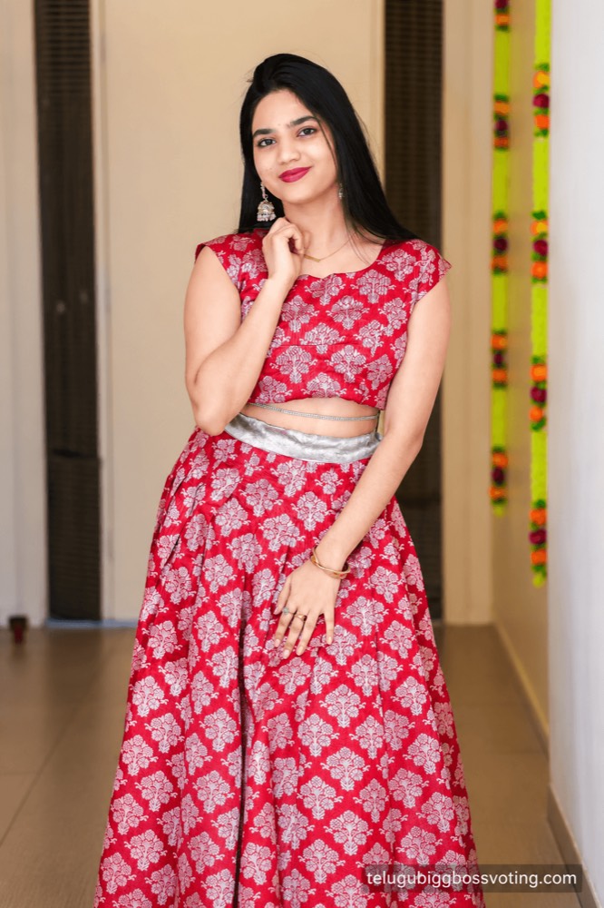 Illustrated portrait of Shalini Damera in a red-and-silver lehenga set, a fit-check style frame