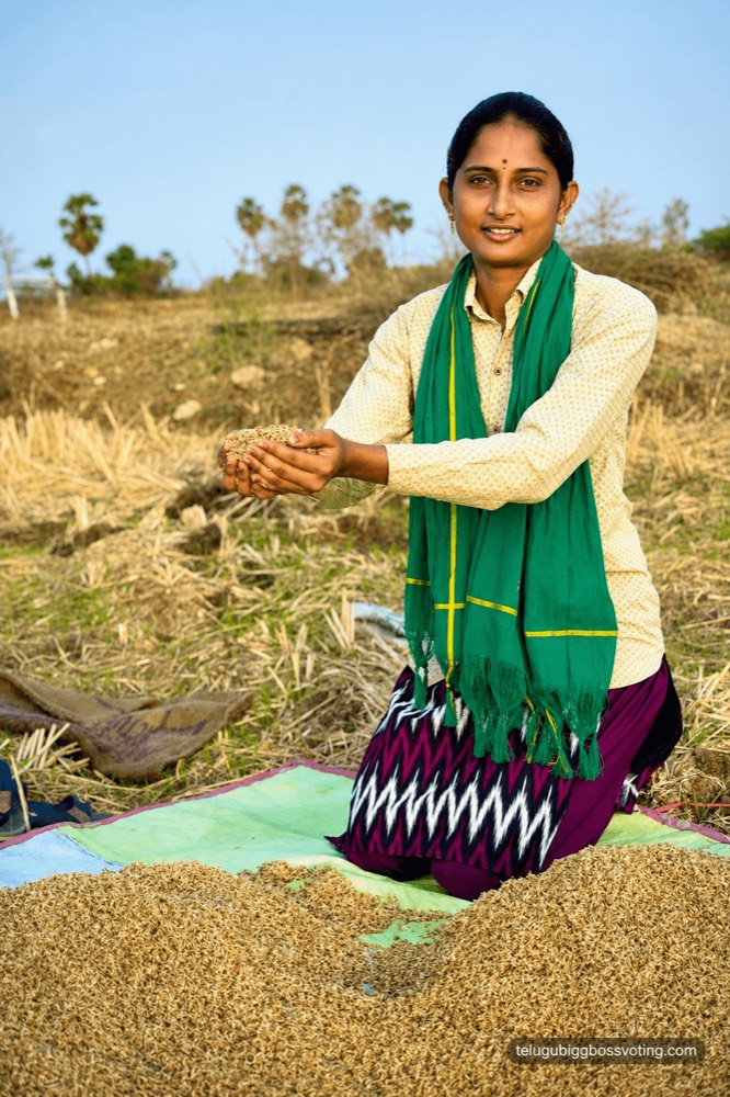 Illustrated portrait of Singer Jhansi kneeling by heaps of harvested paddy, grain in her hands