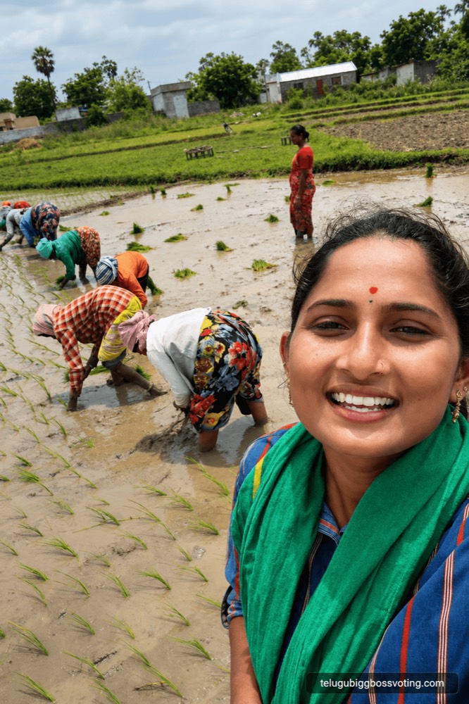 Illustrated portrait of Singer Jhansi taking a selfie in a paddy field during transplanting, workers behind her