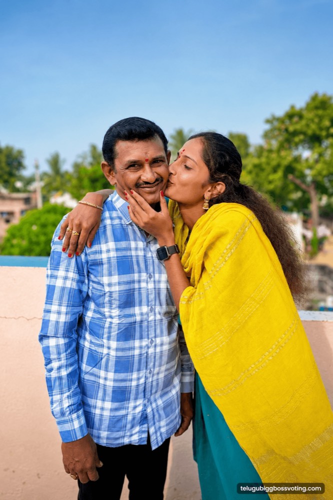 Illustrated portrait of Singer Jhansi kissing her father's cheek on a rooftop
