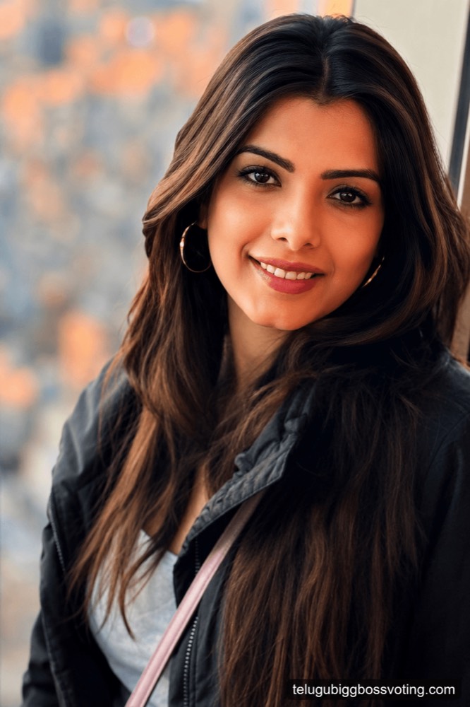 Illustrated portrait of Srishti Vyakaranam smiling by a window in a black jacket and hoop earrings